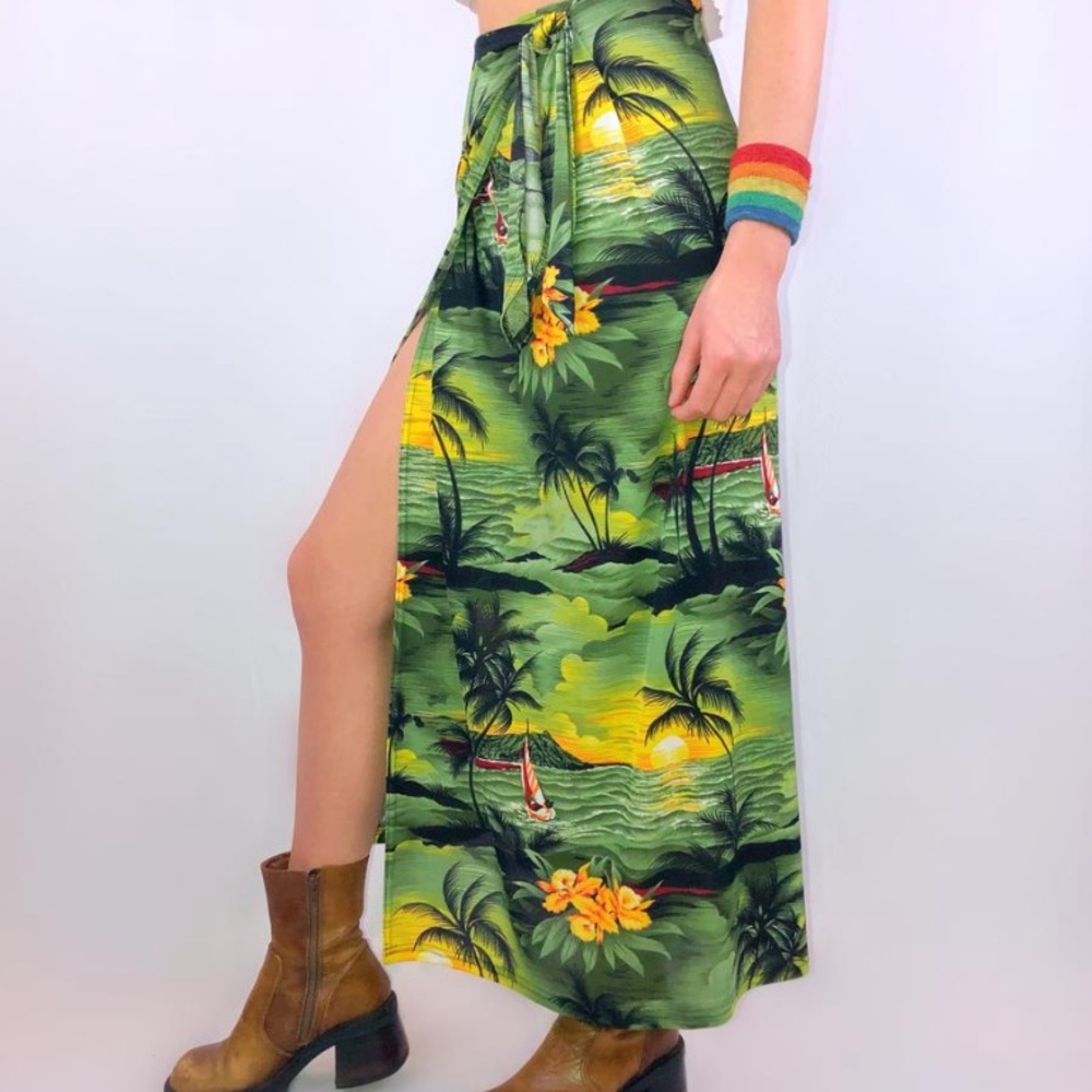 RARE Vintage 90s green tropical hawaii island sunset slinky wrap tie maxi skirt - Picture 1 of 3